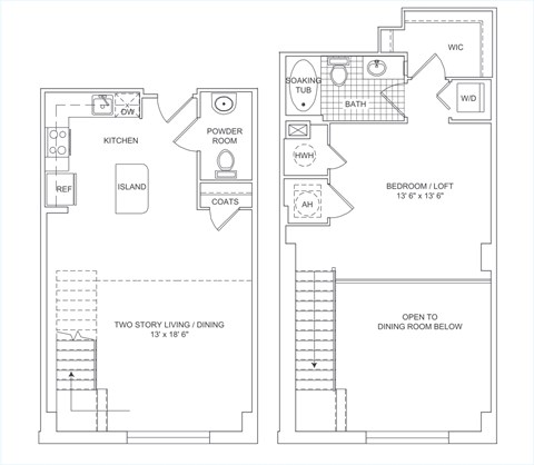 Floor plan for 1 bed, 1.5 baths, 902 sqft